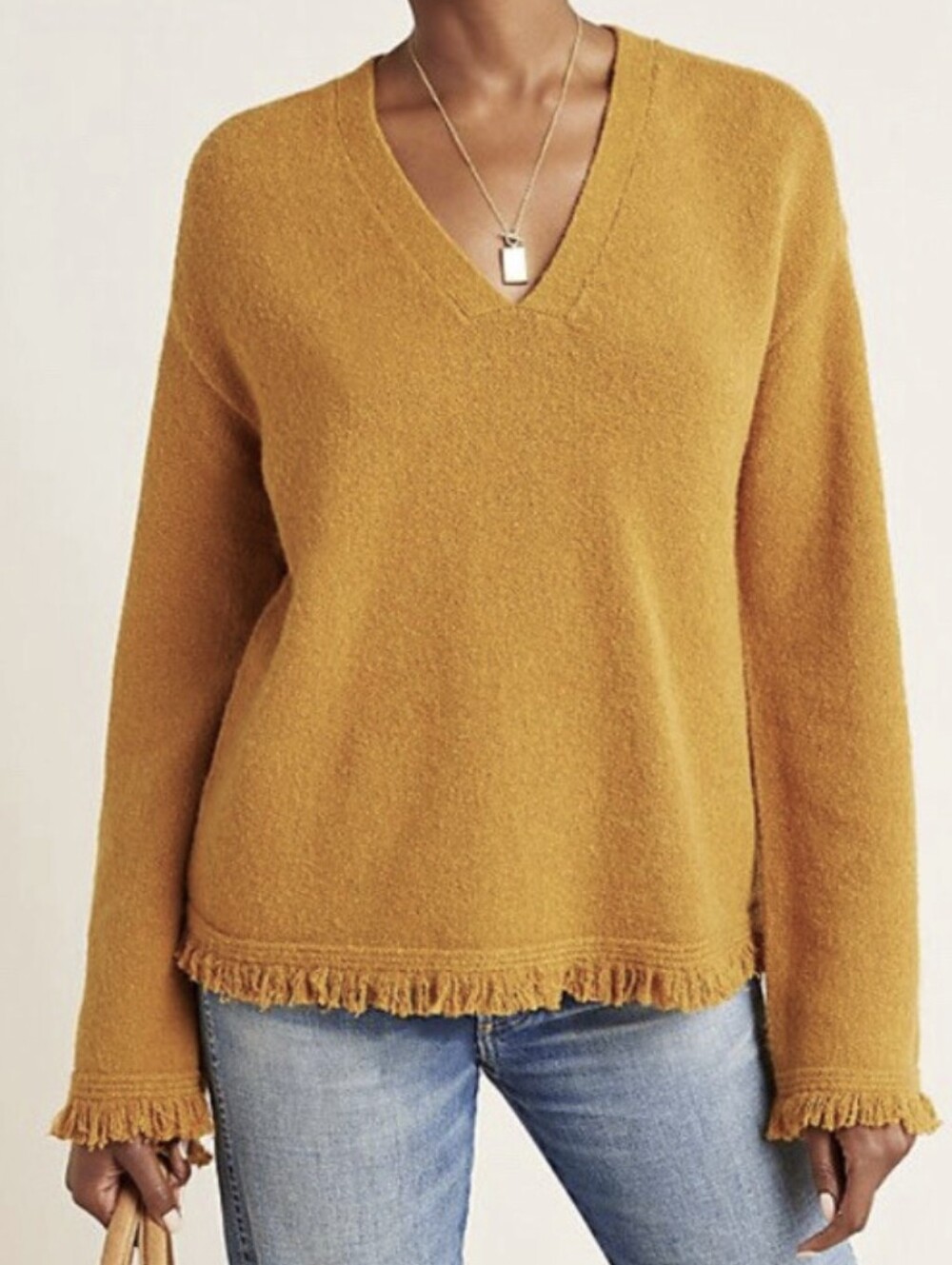 Anthropologie Joy V-Neck Fringe Trim Sweater Mustard Yellow Wool Alpaca Blend L